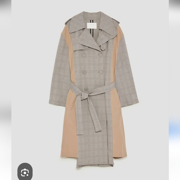 Zara Jackets & Blazers - Zara Tan Plaid Houndstooth Double Breasted Trench Coat Size M